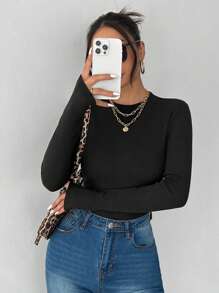 SHEIN PETITE Half Turtleneck, Small Turtleneck, High Elastic Knitted Thermal Lined Composite Velvet Long-Sleeved Women's T-Shirt, Suitable For Keeping Warm In Autumn And Winter.