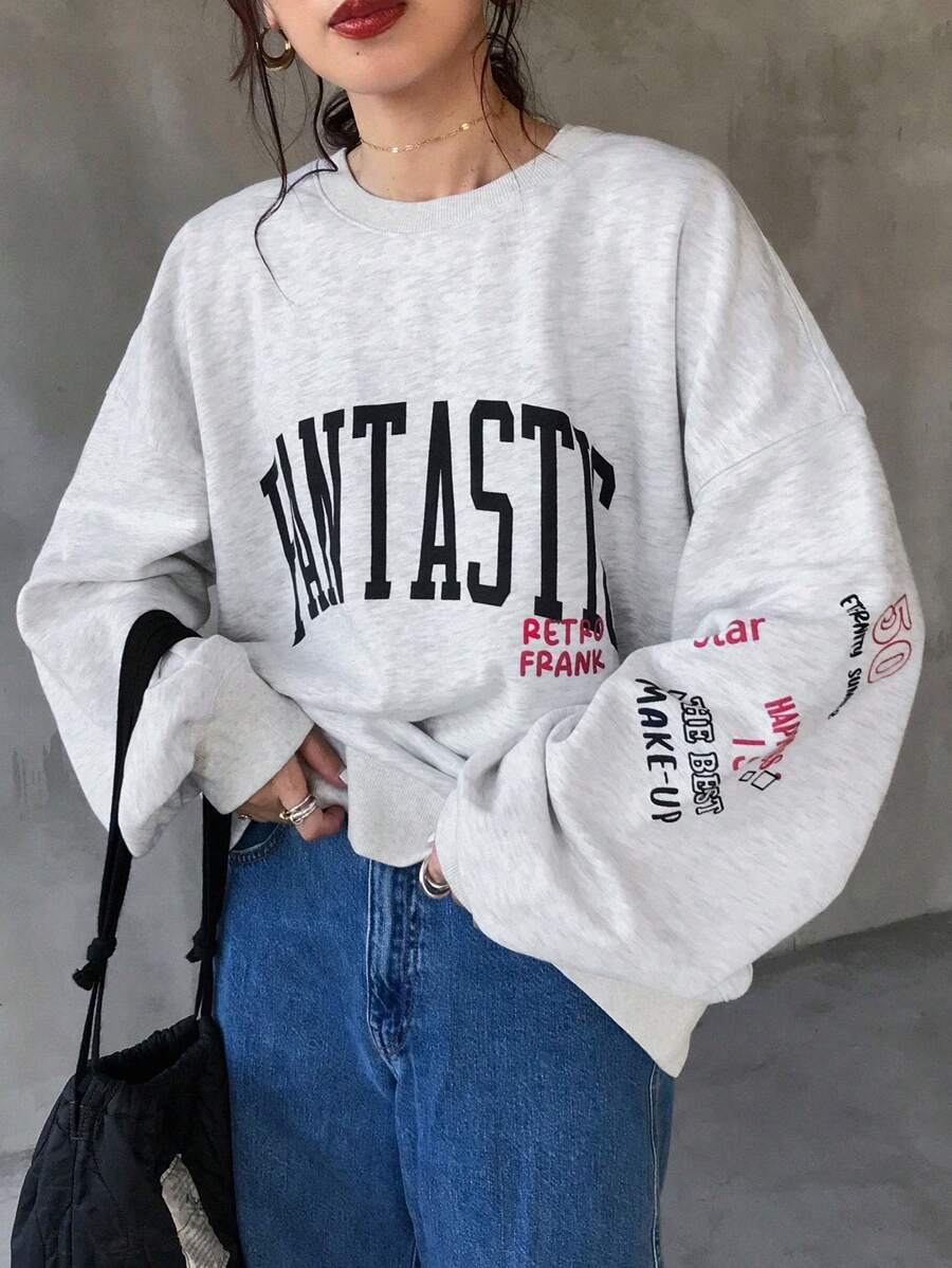 FRIFUL Women's Loose Fit Letter Print Drop Shoulder Sweatshirt For Fall And Winter,Long Sleeve Tops,Thermal Lined - Grey - View 1