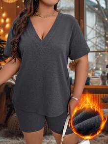 Calvaya Bộ áo phông rộng cổ chữ V thanh lịch và quần legging bó sát cỡ lớn - Màu xám đen - Xem 3