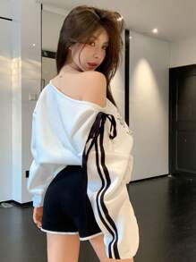 DAZY Women's Colorblock Letter Graphic Drawstring Pullover Sweatshirt