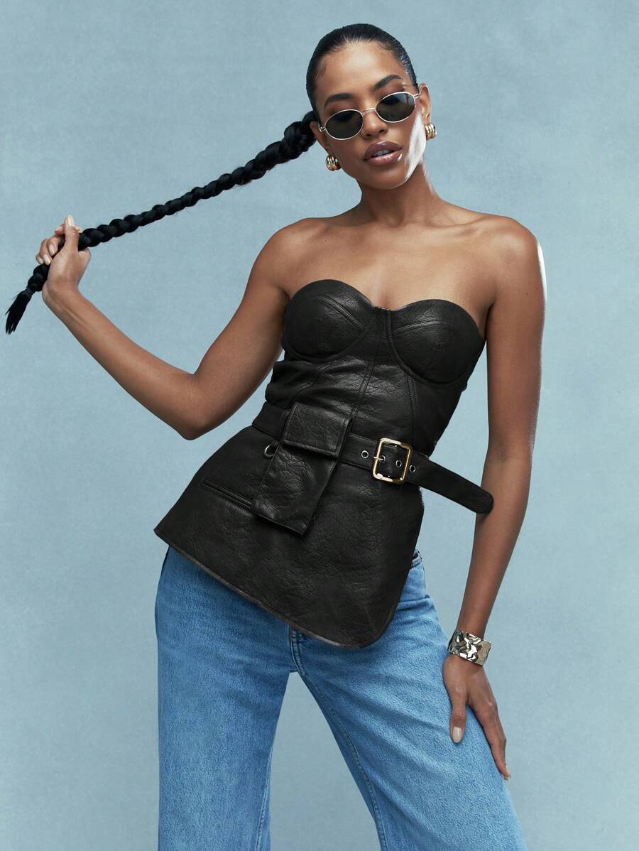 MISSGUIDED 不对称下摆仿皮抹胸上衣，配腰带和钱包 - 黑色 - 查看 1