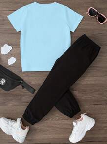 2pcs Tween Girls' Letter Print Round Neck Short Sleeve Top And Pants Casual Set - Baby Blue - View 2