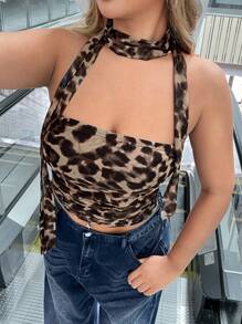 SHEIN EZwear Top tubo de leopardo de moda talla grande - Café integral - Ver 8