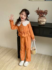 SHEIN Vintaside Kids 2pcs/Set Young Girl Fashionable Casual Fuzzy Ribbed Asymmetric Hem Sweatshirt And Pants Set, Suitable For Outgoing, Vacation, Everyday Wear, Fits Autumn & Spring, Fashion , Cute, Stylish