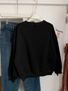 SHEIN EZwear 休閒極簡風藍色拼接星星印花黑色圓領長袖寬鬆大版女款運動衫套頭衫 - 黑色 - 查看 2