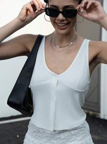 SHEIN ICON Damen ärmeloses Tanktop mit Knöpfen, unifarben, Lässig - Weiss - Übersicht 3