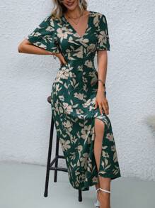 SHEIN LUNE 女士 V 领短袖全身印花开衩优雅优雅中长连衣裙长款女装 - 彩色 - 查看 3