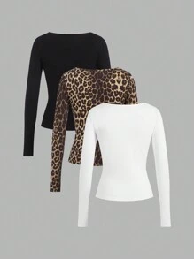 SHEIN EZwear Women's Solid Color + Leopard Print Half-Button Slim Fit T-Shirt, 3-Pack