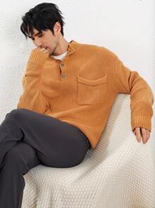 Manfinity Homme Suéter Casual de Manga Longa de Cor Sólida com Bolso, para Homens - Caqui - Visão 4