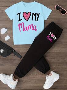 2pcs Tween Girls' Letter Print Round Neck Short Sleeve Top And Pants Casual Set - Baby Blue - View 1