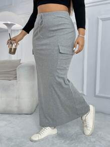 SHEIN EZwear Váy dài thường ngày có túi hộp màu trơn cỡ lớn cho nữ - Xám - Xem 5