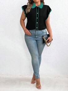 SHEIN Clasi Blusa negra holgada y elegante de manga corta con cuello de contraste para mujer de talla grande