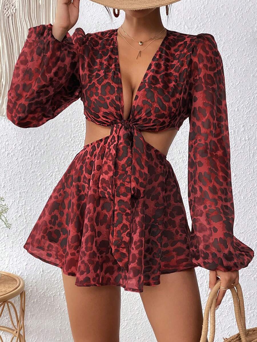 SHEIN VCAY Vacation Women's Leopard Print Jumpsuit - Red - View 1