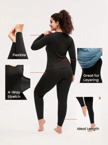 LUVLETTE Plus 女士保暖内衣超柔软底层寒冷天气温暖冬季睡衣套装 V 领上衣和长裤 - 黑色 Warmlette - 黑色 - 查看 4