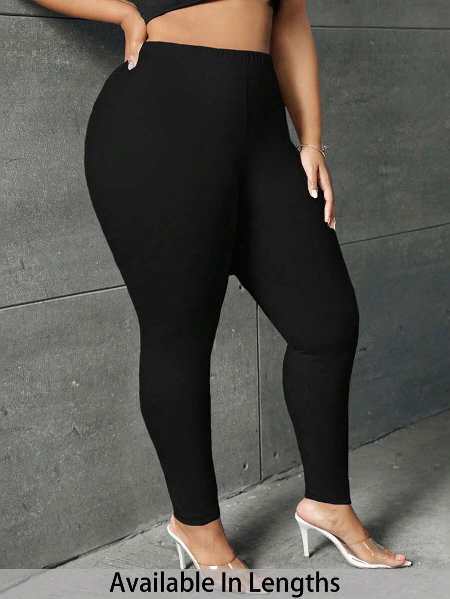 SHEIN Tall CURVE Plus Size Solid Color Simple Fitted Leggings, Casual Everyday Wear - Black - View 1