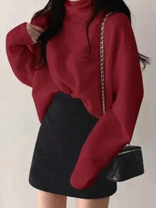 DAZY Áo thun nữ tay dài cổ cao dáng rộng màu trơn, thường ngày, thời trang xuân/thu, thu - Màu Đỏ Sâu - Xem 3
