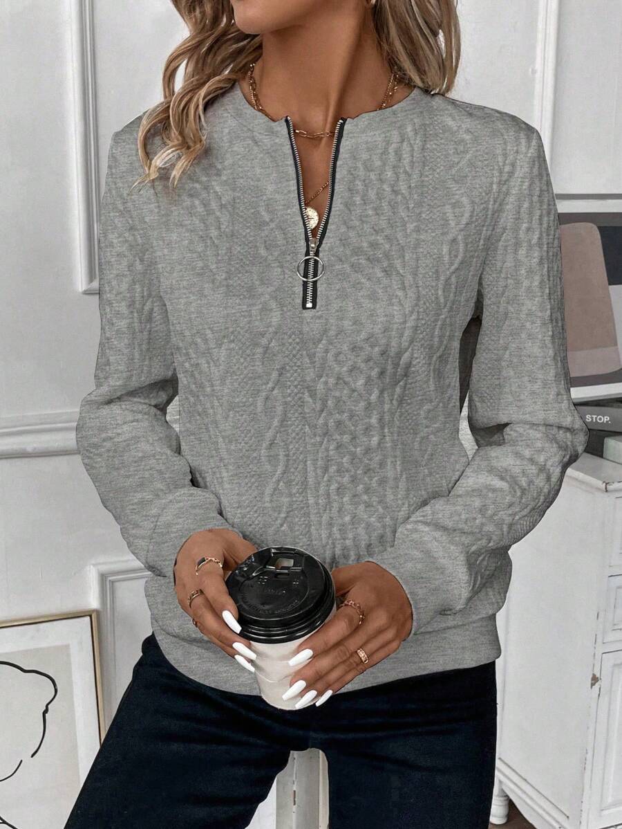 EMERY ROSE Women's Solid Color Zipper Casual Loose Sweatshirt,Long Sleeve Top,Graduation,Teacher,Back To School Pullover Fall - Grey - View 1
