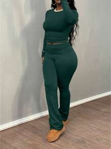 Women's Solid Color Round Neck Long Sleeve T-Shirt And Pants Casual Matching Set, Spring/Summer - Màu xanh lá cây đậm - Xem 5