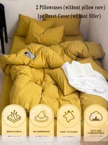 3 件套黄色宿舍卧室床套装包括 1 个柔软羽绒被套和 2 个枕套，可洗