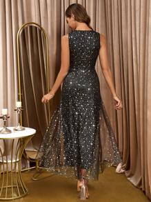 Ellevyn Women's Gold Glitter Mesh Contrast Black Sleeveless High Slit Wide Leg Jumpsuit Halloween Clothes