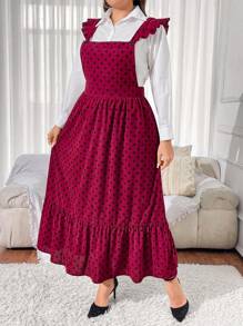 SHEIN Unity Plus Size Women's Summer Polka Dot Print Patchwork Ruffle Hem Long Strap Dress - Burgundy - View 7