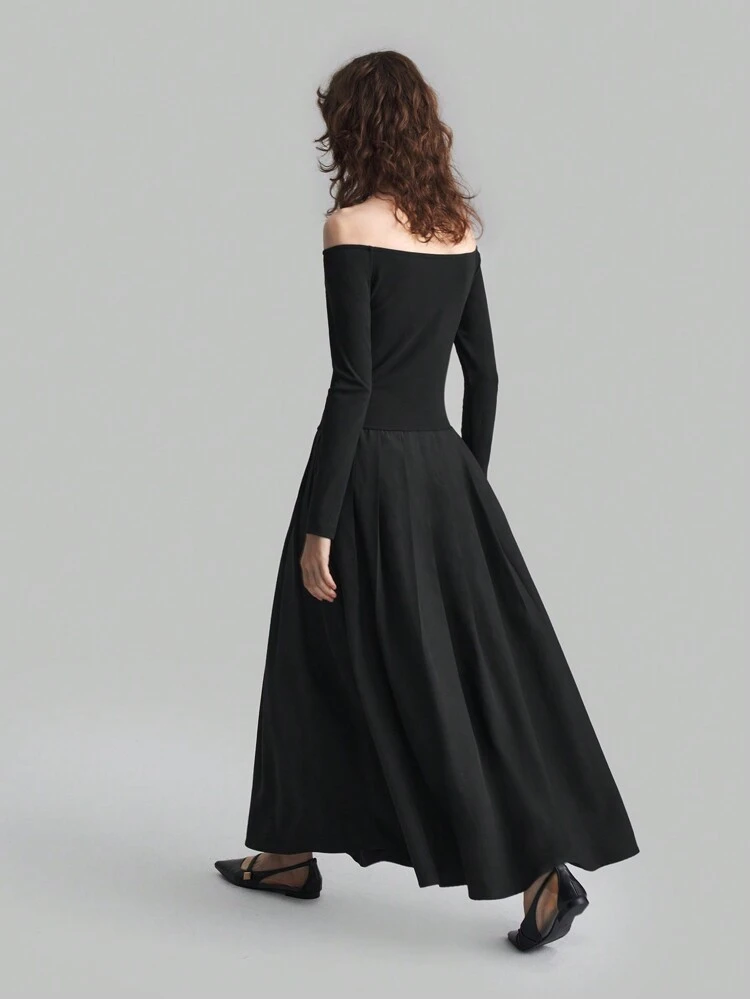 Black Color Block Off-Shoulder Long Sleeve Pleated Maxi Elegant Dress