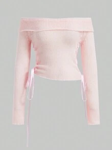 SHEIN Unity Women's Solid Color Off-Shoulder Drawstring Long Sleeve Sweater, Knit Pullover Fall Winter - Pink - View 1
