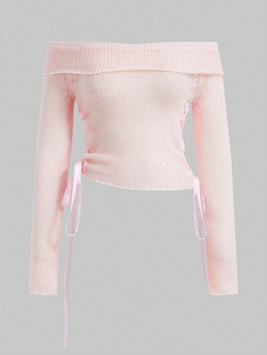 SHEIN Unity Women's Solid Color Off-Shoulder Drawstring Long Sleeve Sweater, Knit Pullover Fall Winter - Pink - View 1