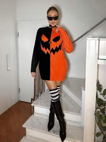 SHEIN ICON Suéter de hombros caídos con estampado de calabaza, otoño - Multicolor - Ver 5