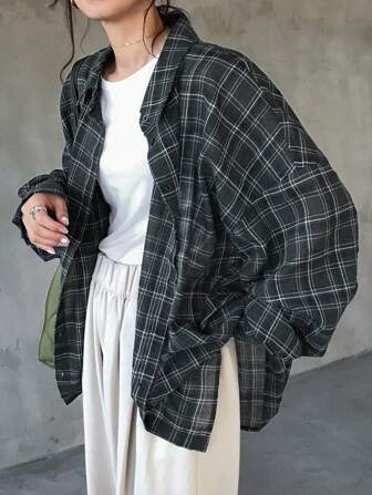 FRIFUL レディース ドロップショルダー 長袖 ルーズ チェック カジュアルブラウス、春秋、フランネル