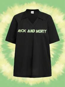 Rick and Morty X SHEIN 女士休闲卡通人物和字母印花插肩袖 T 恤，夏季图案 T 恤 - 黑色 - 查看 2