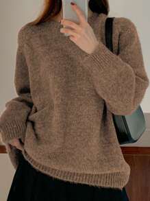 DAZY 女士纯色圆领落肩长袖宽松休闲毛衣，秋冬，秋季女装