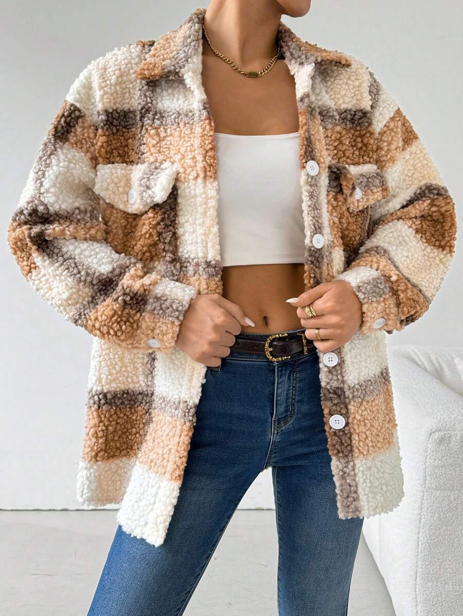 Chiquease Plaid Print Button Front Long Sleeve Jacket, Fall & Winter - Khaki - View 1