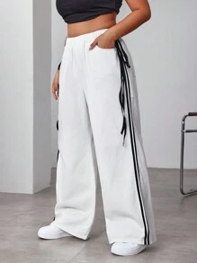 SHEIN EZwear 大码女式侧条纹系带宽腿宽松休闲牛仔裤 - 白色 - 查看 4
