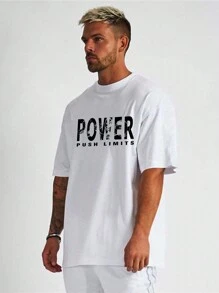 Manfinity Fitness Boyfriend Style Men's Round Neck Short Sleeve Letter Print Casual Sports T-Shirt Workout Tops Gym Top Breathable