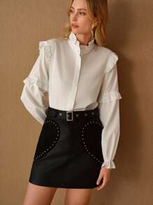 PREMIUM 纯色荷叶边立领荷叶边喇叭袖衬衫 - 白色 - 查看 4