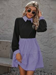 SHEIN Clasi 格纹印花荷叶边下摆长袖连衣裙 - 彩色 - 查看 3