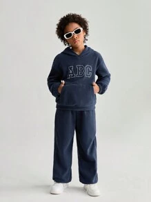 SHEIN 青少年男孩基本款休闲羊毛 Z 字母印花连帽衫和裤子 2 件套 - 藏蓝色 - 查看 7