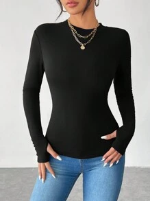 SHEIN PETITE Half Turtleneck, Small Turtleneck, High Elastic Knitted Thermal Lined Composite Velvet Long-Sleeved Women's T-Shirt, Suitable For Keeping Warm In Autumn And Winter.