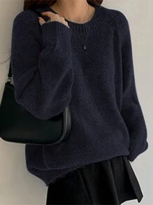 DAZY Suéter holgado de unicolor con cuello redondo y manga larga para mujer, otoño/invierno, tops de manga larga, ropa de mujer de otoño