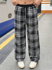 SHEIN Leap Crew 少女休闲宽松格纹阔腿裤，黑白拼接设计，质感舒适