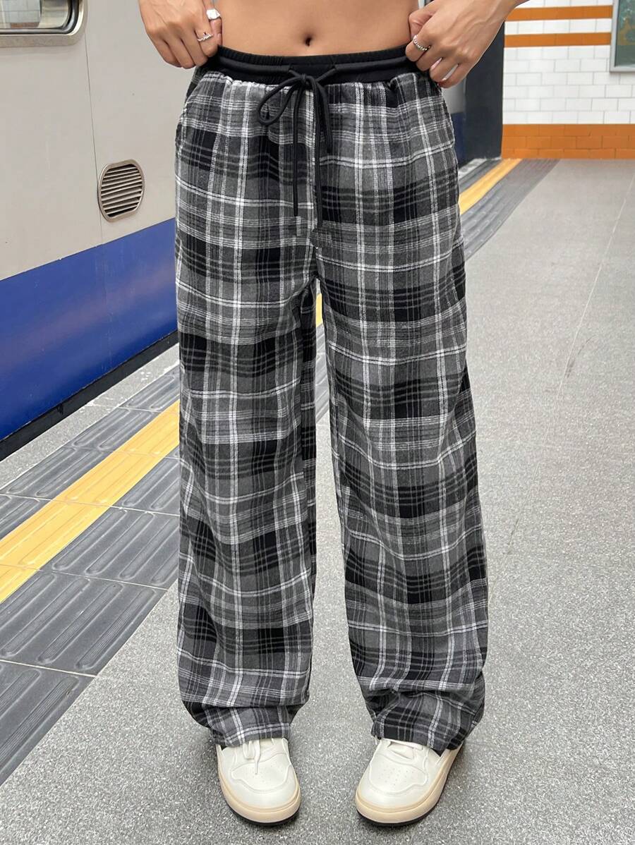 SHEIN Leap Crew 少女休闲宽松格纹阔腿裤，黑白拼接设计，质感舒适