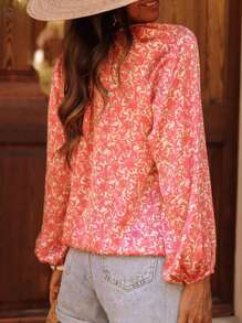 INAWLY Áo cánh dài tay thắt nút cổ chữ V sâu in họa tiết đầy đủ cho kỳ nghỉ thường ngày của phụ nữ - Hồng - Xem 2