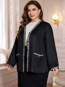 Lacomfia Plus Size Spring Autumn Casual Strap Patchwork Jacket, Elegant Tweed Coats, For Evening Party Formal/Wedding Guest/Anniversary Black - Black - View 5