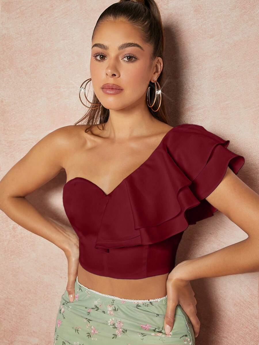 L'Amorae Áo Crop Top Tay Phồng Một Bên Vai - Màu Đỏ Sâu - Xem 1