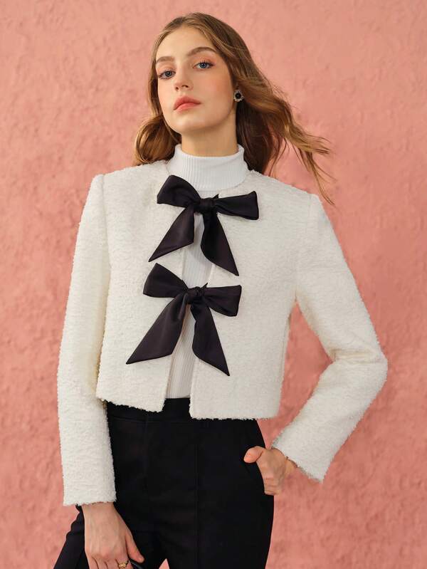 Enchnt Spring/Winter Romantic Women's White Bowknot Decor Long Sleeve Fancy Yarn Tweed Jacket,Sweet&Elegant Outfit For Valentine's Day&Christmas Party&New Years&Birthday&Holiday &Sweet Date Night&Daily Commuting