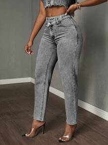 Slaydiva 女式不对称腰部口袋锥形休闲百搭牛仔裤 - 淺灰色 - 查看 5