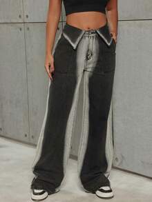 Y2K Retro High Waist Flared Pockets Straight Leg Contrast Color Jeans Spring Casual Black - Black - View 5