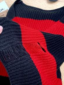 Comfortcana Suéter de punto roto con rayas rojas y negras nuevo para mujer - Negro - Ver 3