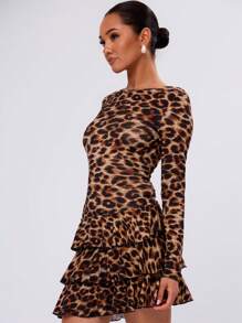 MUSERA 长袖豹纹荷叶边连衣裙，适合夏季度假、伊比沙岛晚宴等场合。 - 彩色 - 查看 3